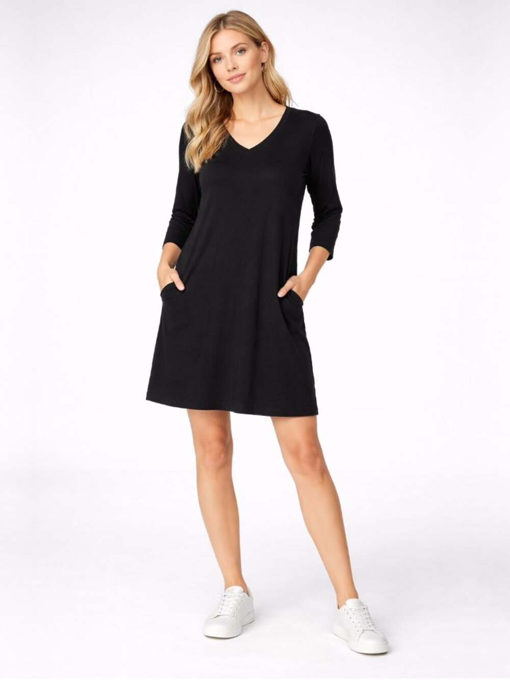 Eileen Fisher V-Neck Short Sleeve Shift Dress with Pockets Black Small #A2337